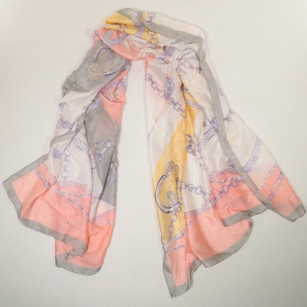 Vtg Scarf Wrap Equestrian Chain Belt Luxury Print Pink Silk Feeling Coastal